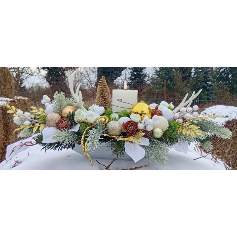 Stroik bożonarodzeniowy w ceramicznej łódce ze świecą LED | 70 cm