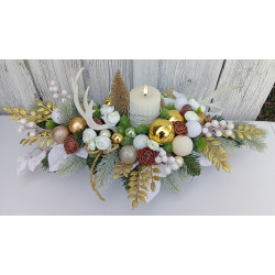 Stroik bożonarodzeniowy w ceramicznej łódce ze świecą LED | 70 cm